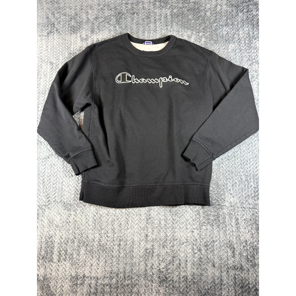 Champion Fleece Logo Sweatshirt Mens Large Black Cotton Ribbed Warm Athleisure